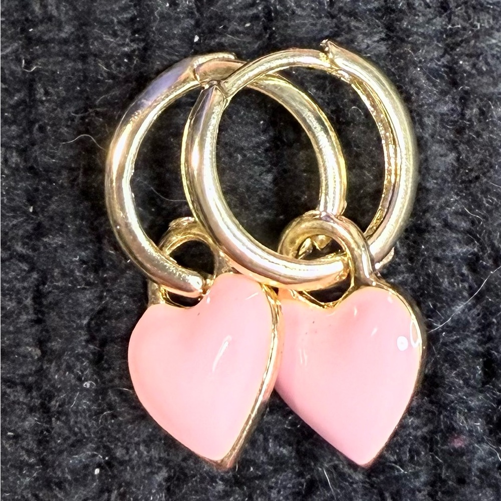 Gold Hoop Earrings with Pink Enamel Heart Dangles NWOT